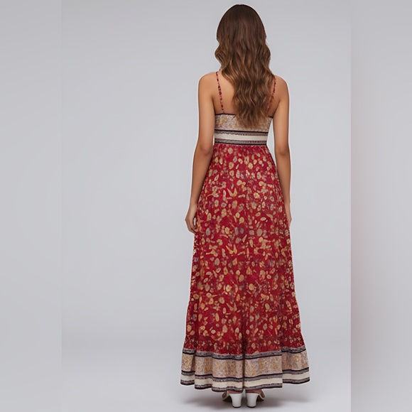 Red Boho Floral Print Ruffle Hem Cami Dress - Picture 6 of 8